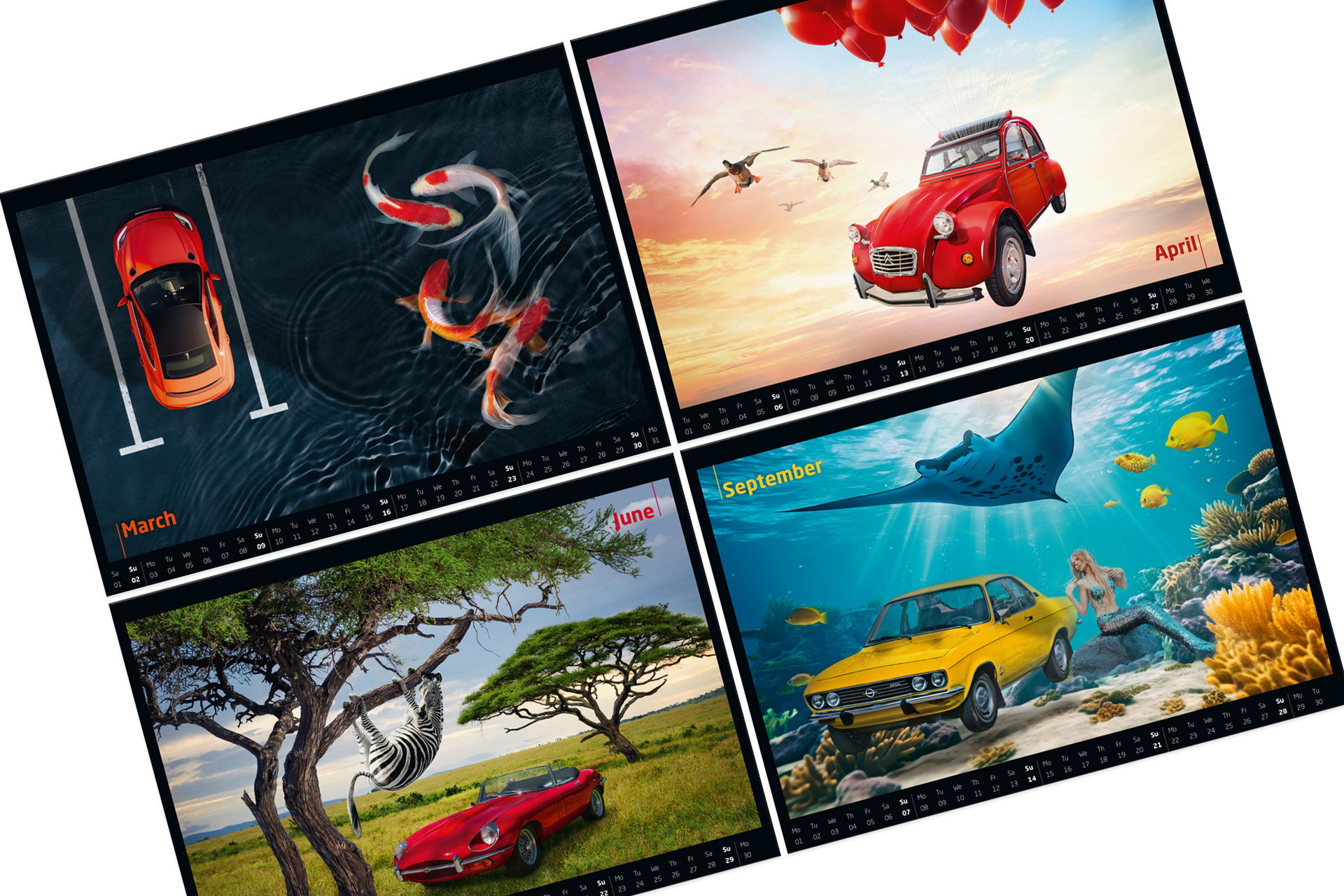 Vier Kalenderblätter mit Motiven zum Thema "Reflections of Refinish"