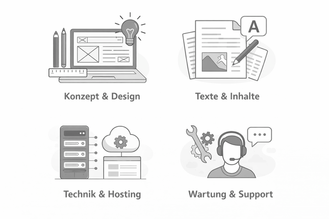 Darstellung von:  Konzept & Design, Texte & Inhalte, Technik & Hosting, Wartung & Support