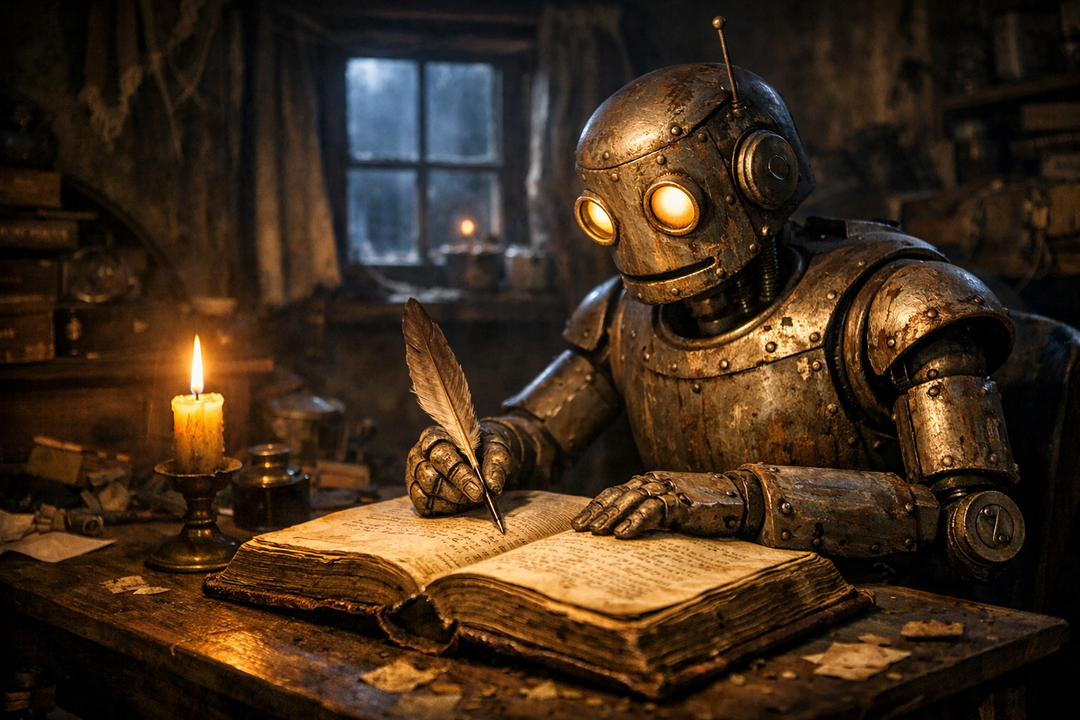 Ein alter Roboter schreibt mit einer Schreibfeder in ein altes Buch.