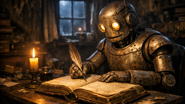Ein alter Roboter schreibt mit einer Schreibfeder in ein altes Buch.